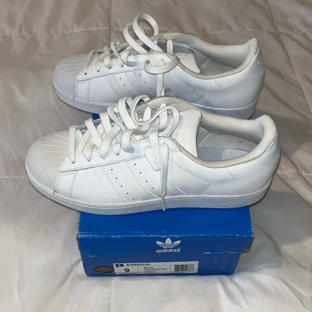 All White Adidas Superstar Shell Toe Sneakers Men's Size 9 - Picture 2 of 6